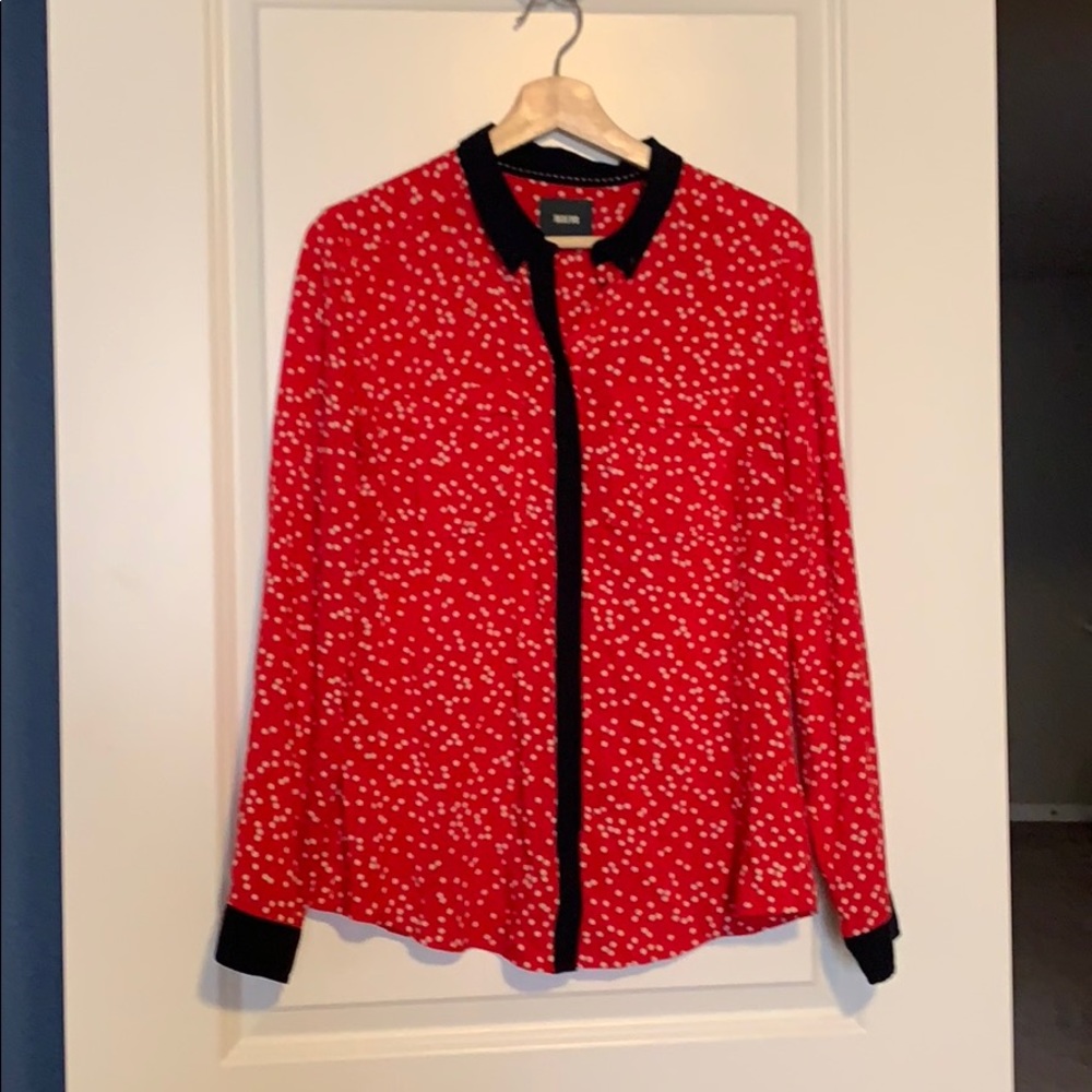 Red and white polka dot button down shirt